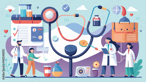 Doctors and nurses using giant stethoscope in hospital setting. Medical team performing patient diagnosis with huge healthcare equipment in flat vector illustration.

