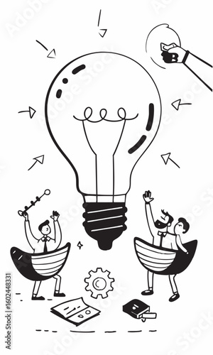Giant light bulb brainstorming session with creative inventors team. 