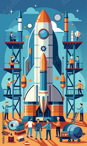 Massive rocket ship under construction by aerospace engineers team.