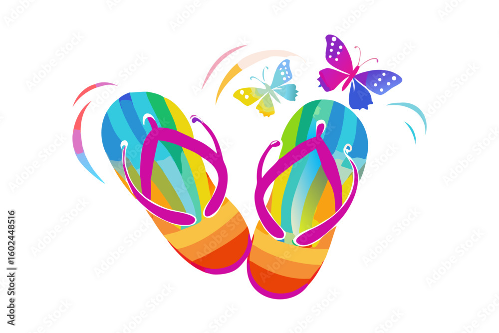 Obraz premium Colorful rainbow flip flops with butterflies and splashes