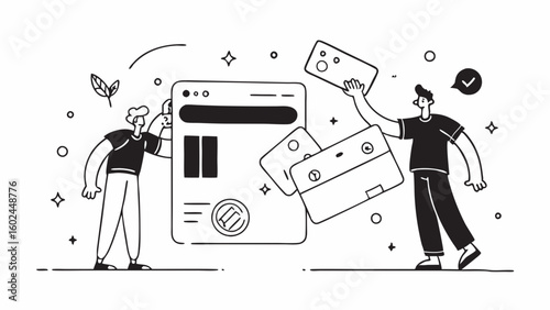 Flat vector illustration of oversized credit card used for contactless payment. Massive debit card transaction with point of sale reader in modern digital finance concept.

