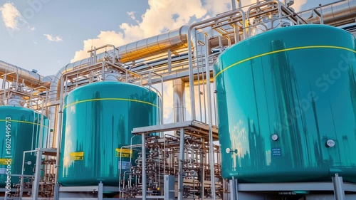 Large biofuel storage tanks, eco-friendly processing plant, modern setting