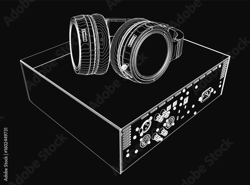 Black headphones with a sleek contour design rest on a glossy rectangular box. The silver headband contrasts with the black band, highlighting premium audio equipment.