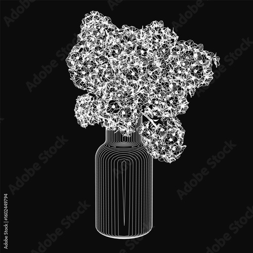 A black and white contour illustration of a vase filled with flowers on a light wood table. The deep black background contrasts sharply with the colorful flowers.