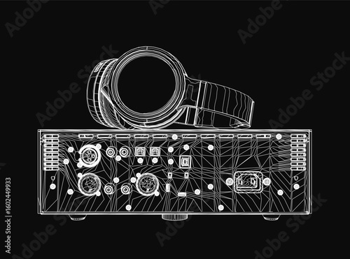 A black and white stereo amplifier with detailed knobs, buttons, and sleek contour lines stands out against a dark background, highlighting its modern design.