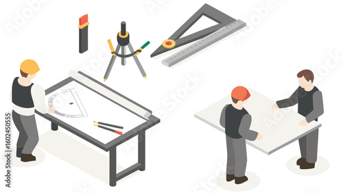 Isometric view of architects working with drafting tools and a large sheet of paper at a drafting table