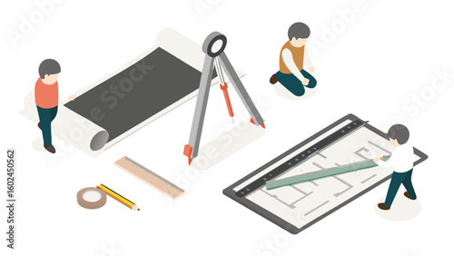 Isometric view of architects with blueprints, compass, ruler, pencil and tape on a white background