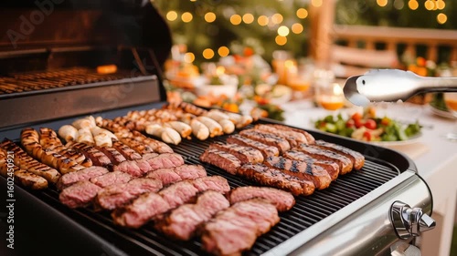 Luxury holiday BBQ buffet with gourmet grilled meats, festive outdoor catering, elegant table settings under string lights