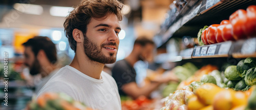 A young man with a smile chooses vegetables in the store. Cooking blogs, healthy food advertisements, articles about proper nutrition.