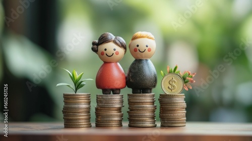 Wooden figures on stacks of coins with plant and gold coin. Useful for financial articles and materials about family budget.
