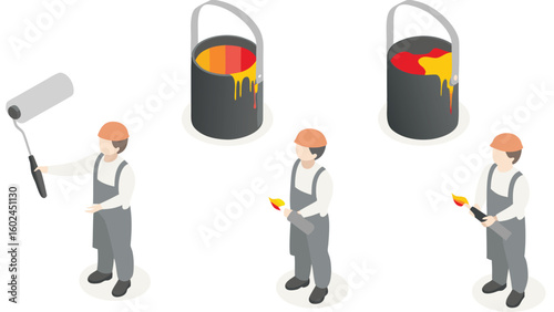 Isometric illustration of painters with paint rollers and buckets of colorful paint on a white background