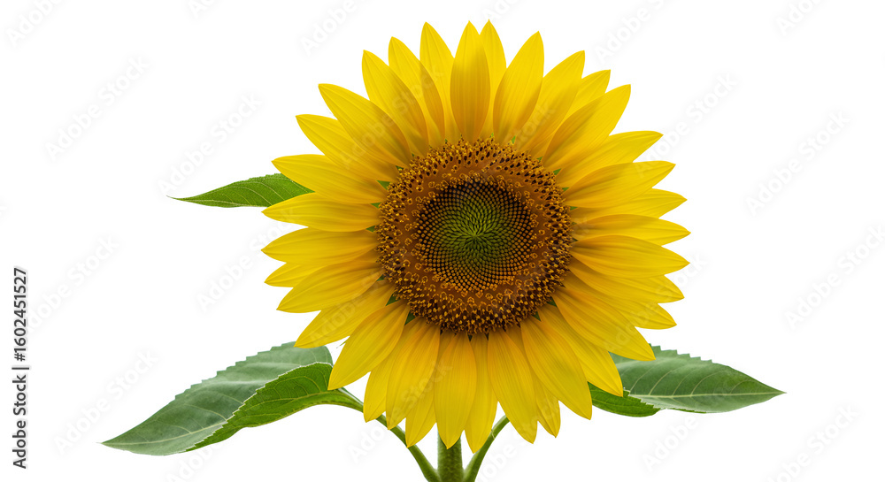 Fototapeta premium Bright Yellow Sunflower Transparent Background with Green Leaves
