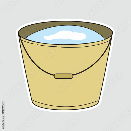 Bucket with Water Vector Illustration Sticker. Cute cartoon bucket filled with water in flat vector style. Ideal for cleaning, household themes, or educational materials