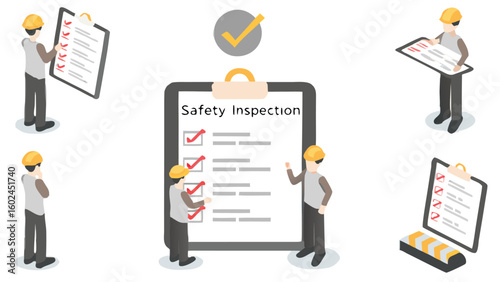 Isometric safety inspection scene showing workers with clipboards and checklists performing inspections checkmarks