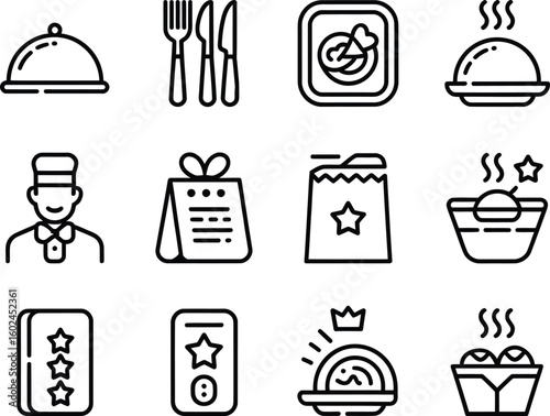 Collection of restaurant and food service icons in a clean outline style
