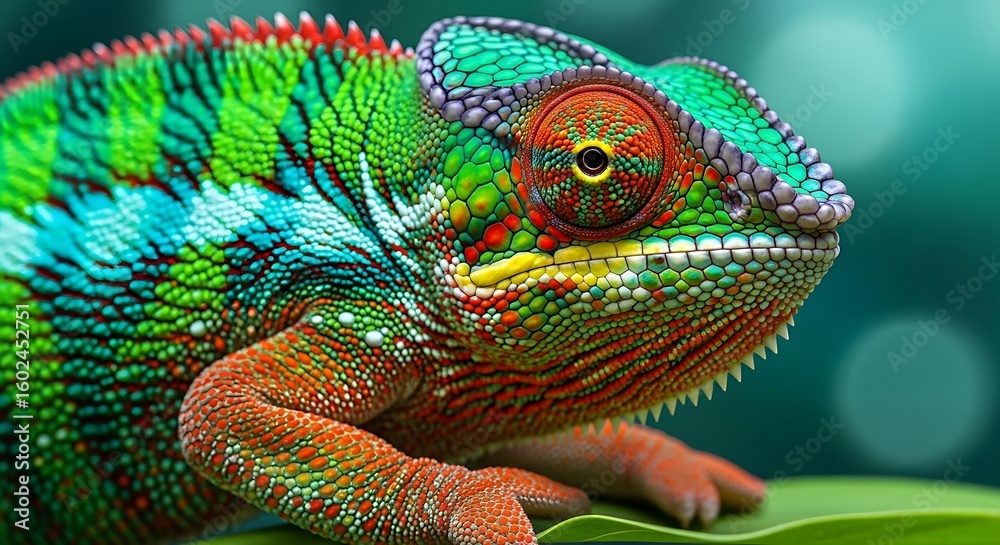 Obraz premium Close up macro shot of a vibrant chameleon with intricate scales and colorful patterns