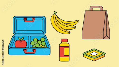 Blue lunchbox with apple and grapes bananas bottle and snack box