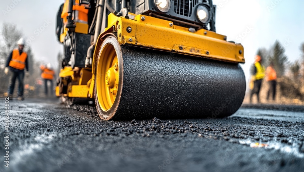 Road construction, a heavy machine compacts asphalt Road construction, a heavy machine compacts asphalt