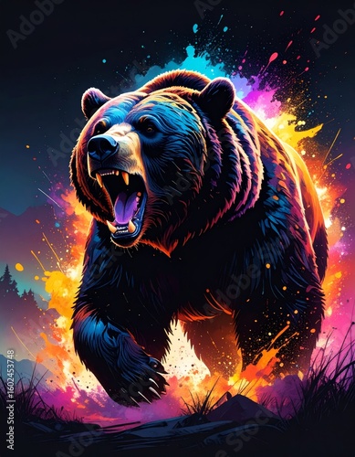 An expressive and dynamic watercolor illustration of a fierce grizzly bear roaring, surrounded by a vibrant burst of colorful paint splatters and energetic light.
