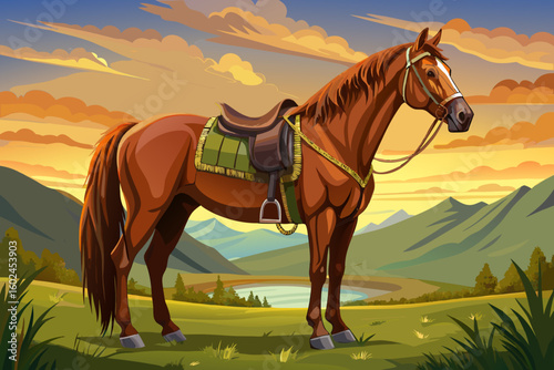 vector of A magnificent brown horse standing with an intricately designed leather saddle against a calm background at sunset in a tranquil meadow...