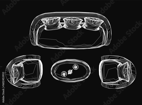 A black and white contour drawing of a cozy couch features plush pillows, a decorative bowl, and a minimalist gazebo-inspired design. The dark background enhances the summer vibe in this top-view.