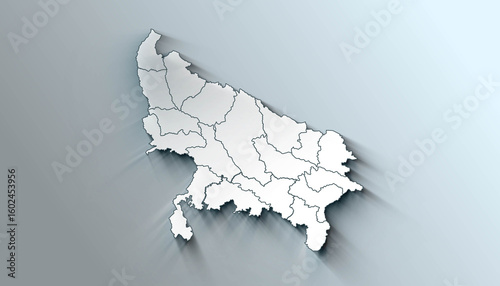 Minimalist 3D map of Uttar Pradesh A districts of India with Borders