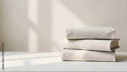 Stack of Books with Shadows: A collection of neutral-colored books are stacked and placed on a surface illuminated by natural light and gentle shadows.