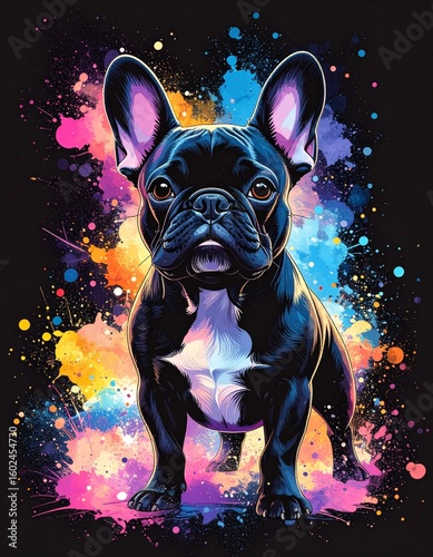 An expressive and colorful watercolor illustration of a French bulldog with prominent bat ears and a brindle coat, set against a dynamic and abstract background of paint splatters.