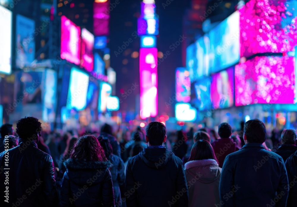 Naklejka premium A crowd of people gazes at vibrant billboards illuminating the night sky in a bustling urban center creating a sense of awe and excitement.
