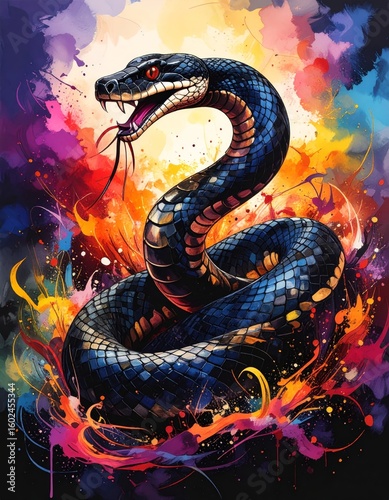 An expressive and colorful watercolor illustration of a coiled snake with its mouth open and fangs exposed, set against a dynamic background of vibrant paint splatters and abstract fire.