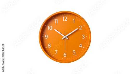 Vibrant orange wall clock with a unique design, showcasing time isolated on solid white background in Png