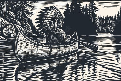 A Native American man in a traditional feather headdress paddles a canoe on a lake. A wilderness scene in a vintage woodcut or linocut vector style.