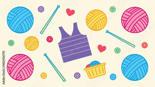 Knitting supplies with yarn balls and needles craft