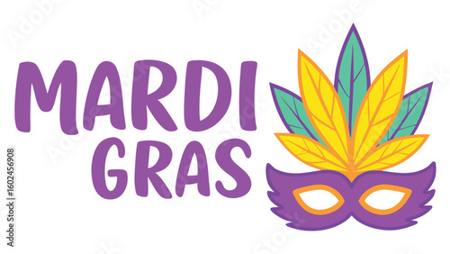 Mardi Gras text with purple mask and feathers vector