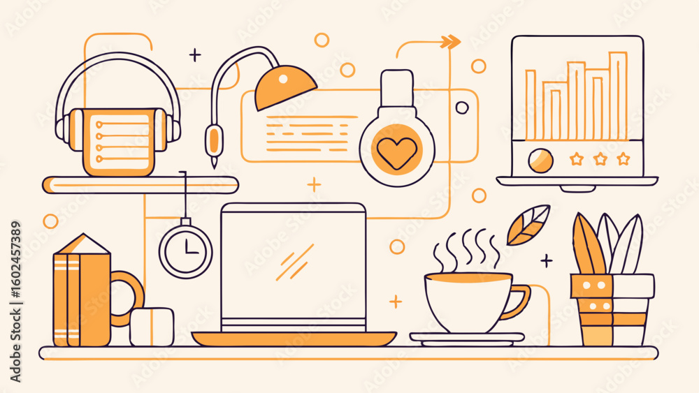 Elementos esenciales para el espacio de trabajo en casa con arte lineal minimalista. Libreta, taza de café, lámpara de escritorio y auriculares en un escritorio moderno para teletrabajo y productivida