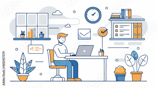 Esquema minimalista de una persona escribiendo una agenda en su oficina. Espacio de trabajo organizado con planificación de horarios, ambiente tranquilo y productivo, con estética dibujada a mano en b