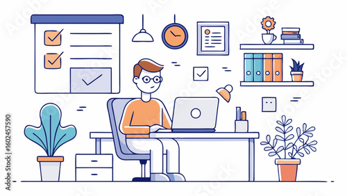 Esquema minimalista de una persona escribiendo una agenda en su oficina. Espacio de trabajo organizado con planificación de horarios, ambiente tranquilo y productivo, con estética dibujada a mano en b