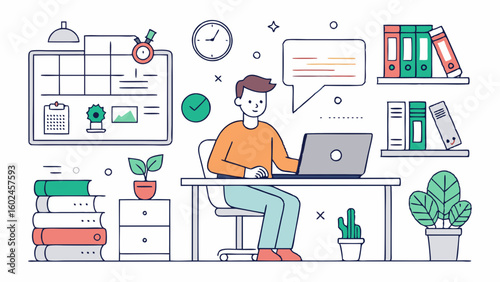 Esquema minimalista de una persona escribiendo una agenda en su oficina. Espacio de trabajo organizado con planificación de horarios, ambiente tranquilo y productivo, con estética dibujada a mano en b