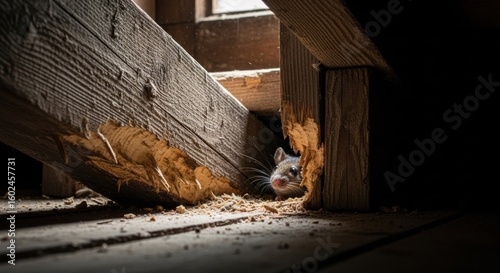 Tiny mouse peers from damaged wood, illuminated in a dark space