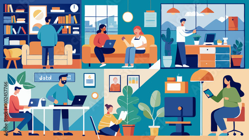 Diverse people working remotely in cozy home environments. Freelancers using laptops in living room, bedroom, and home office setups with natural lighting and productivity focus.

