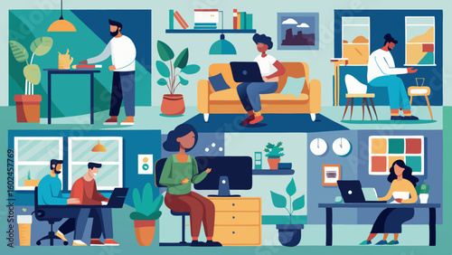 Diverse people working remotely in cozy home environments. Freelancers using laptops in living room, bedroom, and home office setups with natural lighting and productivity focus.

