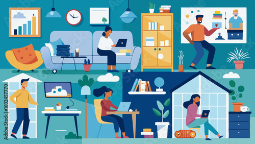 Diverse people working remotely in cozy home environments. Freelancers using laptops in living room, bedroom, and home office setups with natural lighting and productivity focus.

