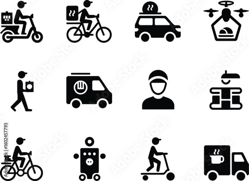 Collection of delivery service icons with various transportation methods