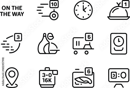 Set of icons representing food delivery and logistics services