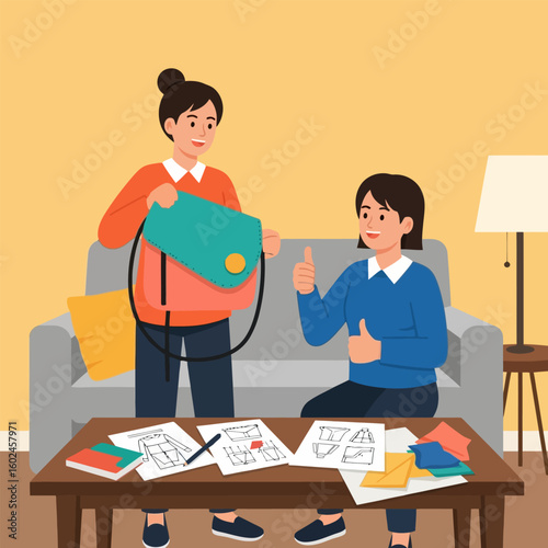 Smiling Woman Showing Teal and Peach Handbag to Seated Friend