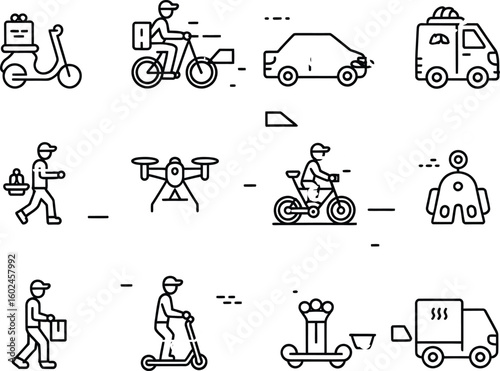 Collection of diverse delivery service icons and illustrations