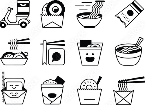 Hand drawn doodle icons of asian food delivery and takeout