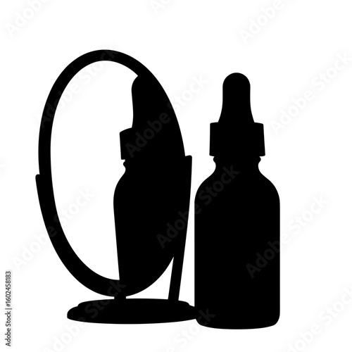 Silhouette of anti-aging bottle beside mirror reflection – Personal care, time rewind