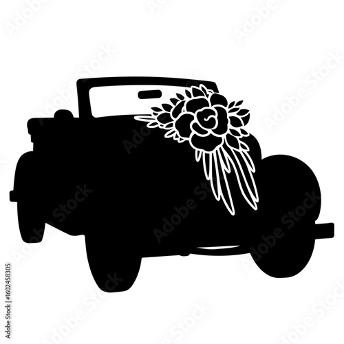Silhouette wedding car with floral bouquet – Romantic bridal symbol