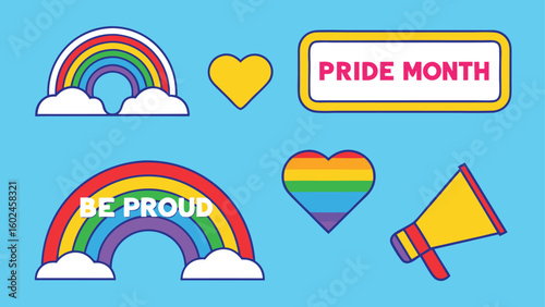 Rainbows hearts pride month text and megaphone be proud